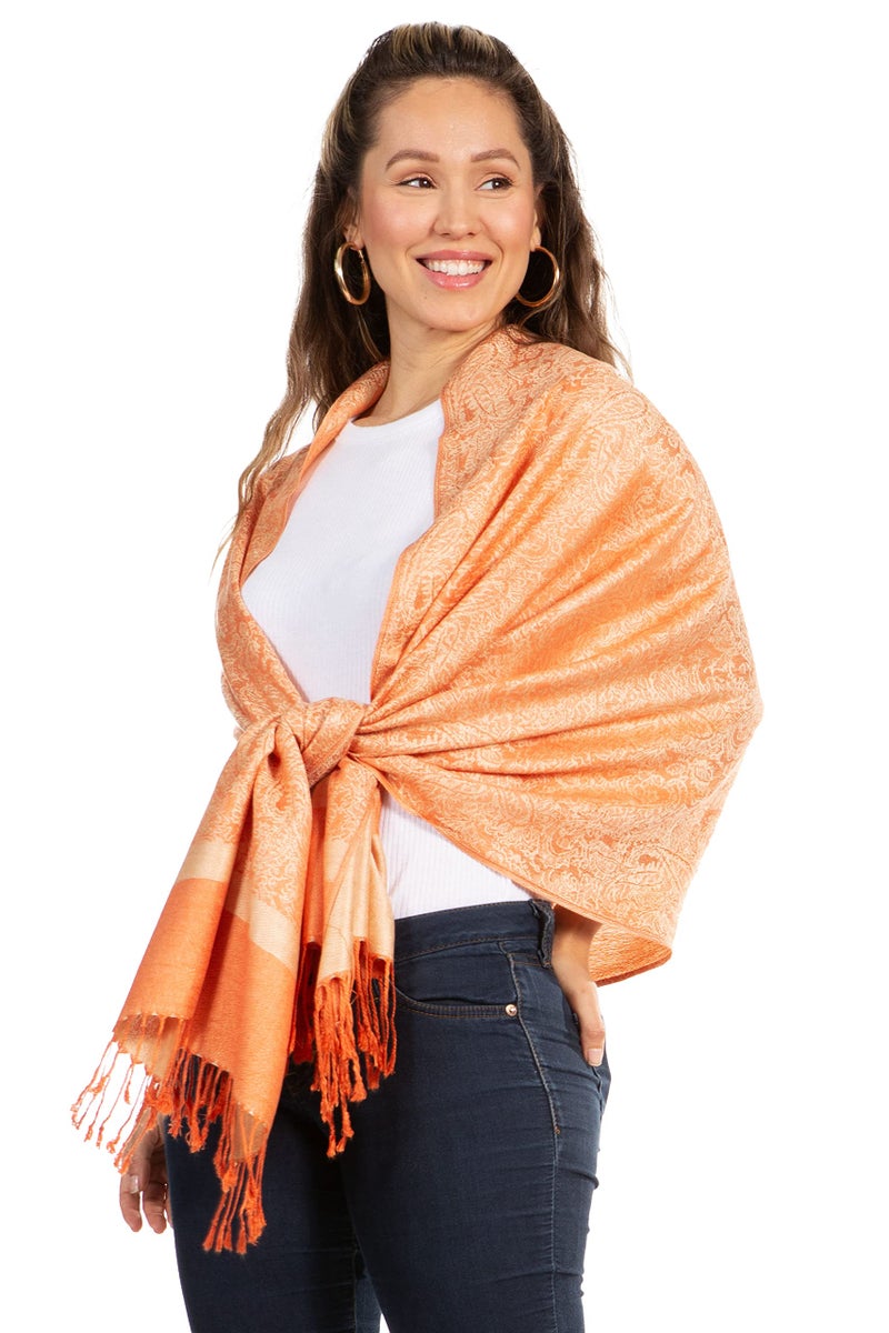 Sakkas Two Tone Vintage Jacquard Paisley Pashmina Shawl Wrap Scarf Stole - Champagne/Orange paisley - Image 3